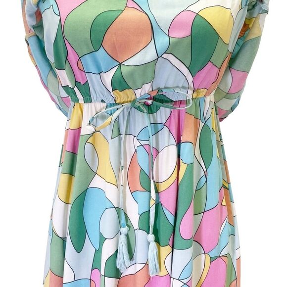 Japna Strapless Flounce Top Summer Maxi Dress Retro Aqua & Pink Print Size Small - Picture 11 of 16